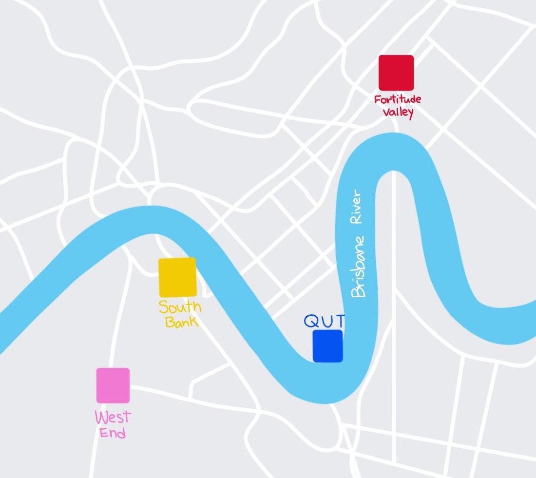 A map outlined the location of South Bank, Fortitude Valley, QUT and West End